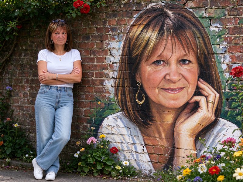 Woman poses next to a hyper-realistic mural portrait of herself on a flower bordered brick wall