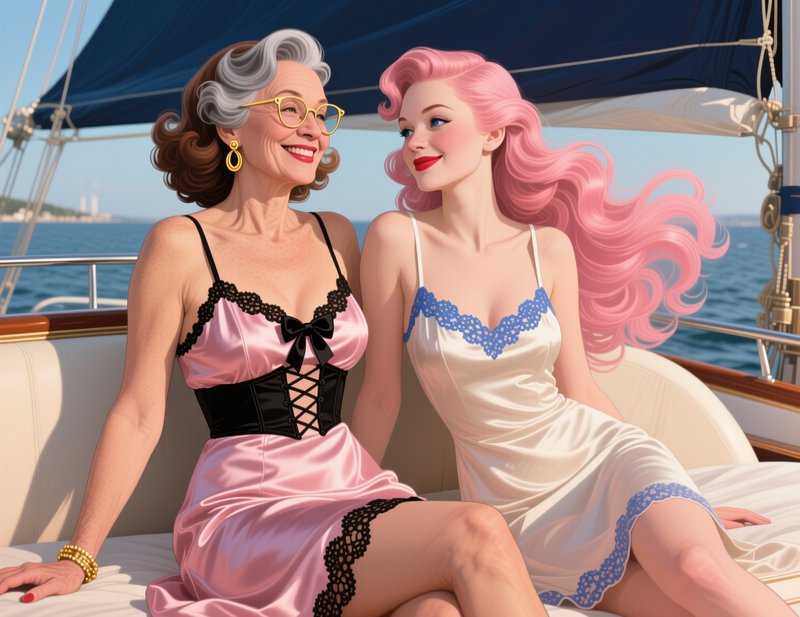Two women in elegant slip dresses smile warmly at each other while relaxing on a sunlit sailboat on open ocean