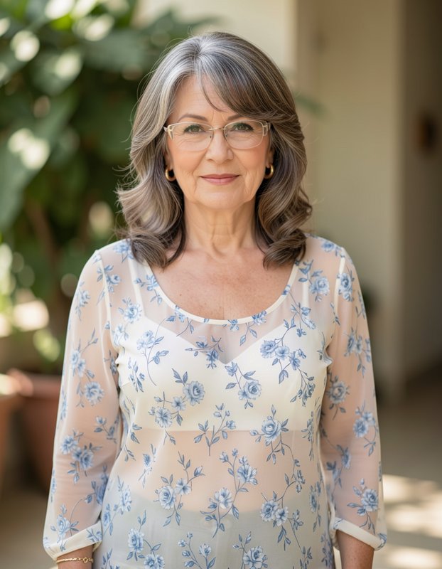 Warm portrait of a smiling senior woman with gray hair, glasses, and floral blouse in a sunlit patio