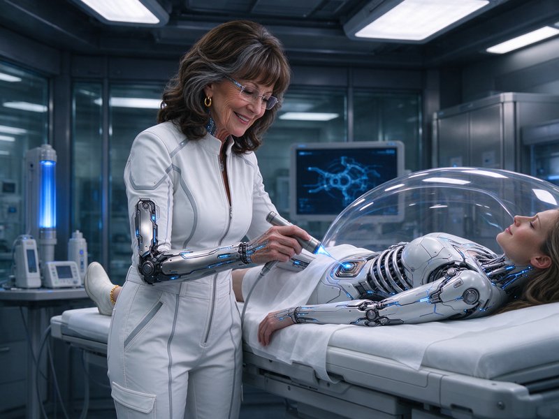 Cyborg doctor treats a reclining android patient inside a sleek futuristic medical laboratory