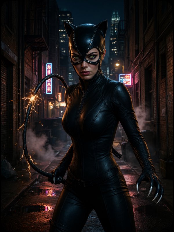 Catwoman in a studded black leather catsuit holds a sparking whip while standing in a dark neon Gotham alley at night