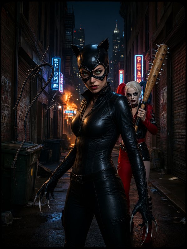 Catwoman stands in a dark Gotham alley with Harley Quinn holding a spiked bat behind her