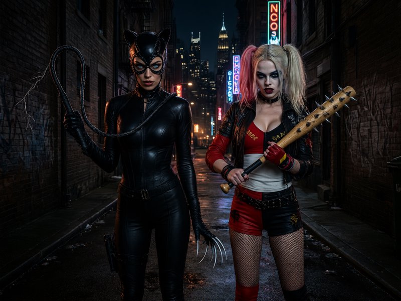 Catwoman and Harley Quinn stand armed together in a dark neon-lit Gotham City alley at night
