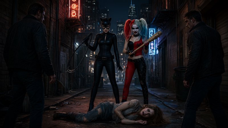 Catwoman and Harley Quinn stand in a dark neon Gotham alley confronting two men with a defeated figure on the pavement at