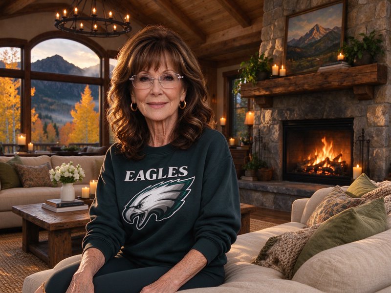 Smiling senior woman wearing a Philadelphia Eagles sweatshirt sits on a couch in a cozy mountain cabin living room