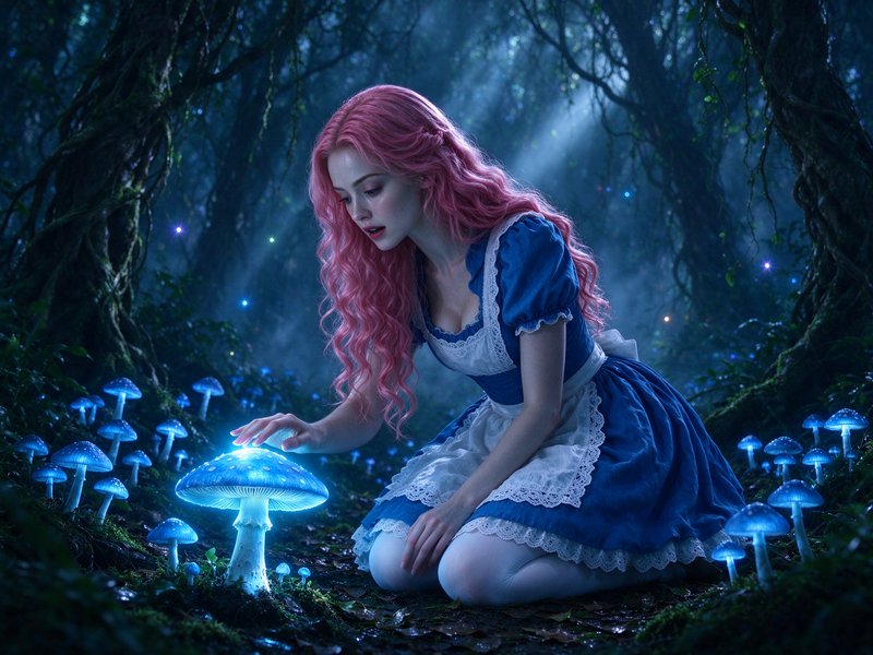 Pink-haired Alice-style character kneels to touch a glowing blue mushroom in a misty enchanted forest