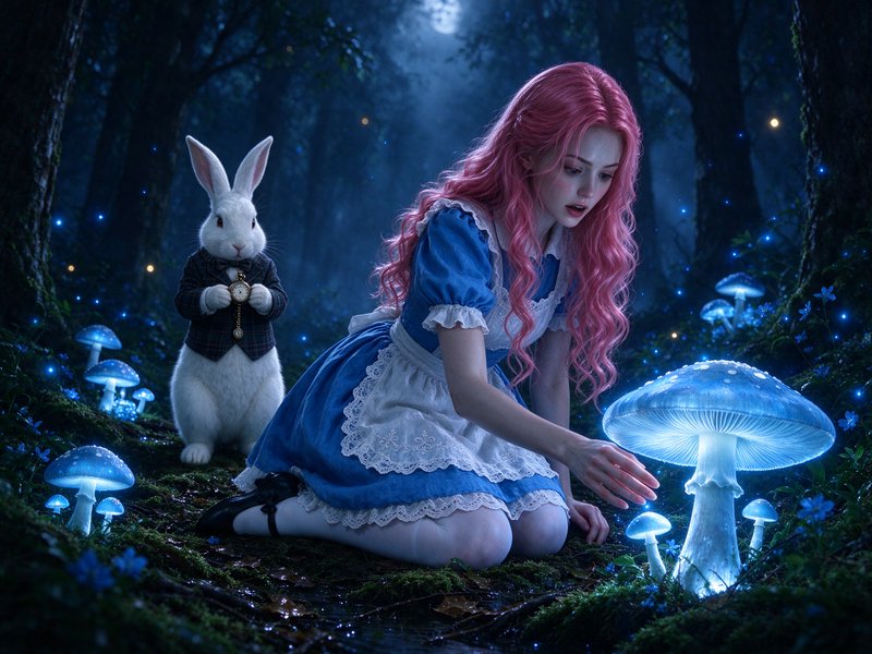 Alice kneels to touch glowing blue mushrooms as the White Rabbit stands beside her in a moonlit enchanted forest.