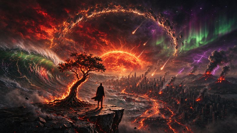 Lone cloaked figure stands on a rocky cliff overlooking a sweeping apocalyptic end times disaster scene