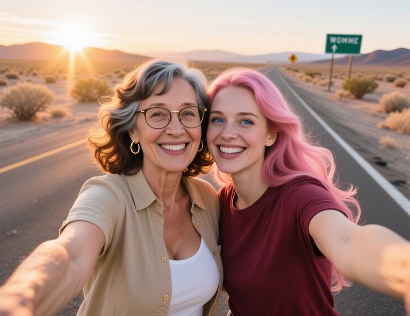 Two smiling women take a joint selfie standing on an empty desert highway at golden sunset