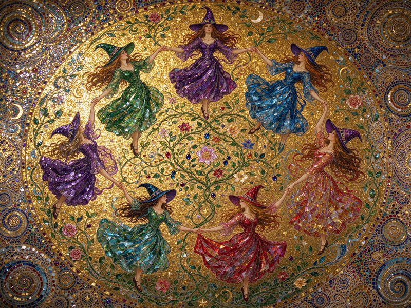 Seven whimsical witches hold hands while dancing in a circle on an intricate golden mosaic artwork