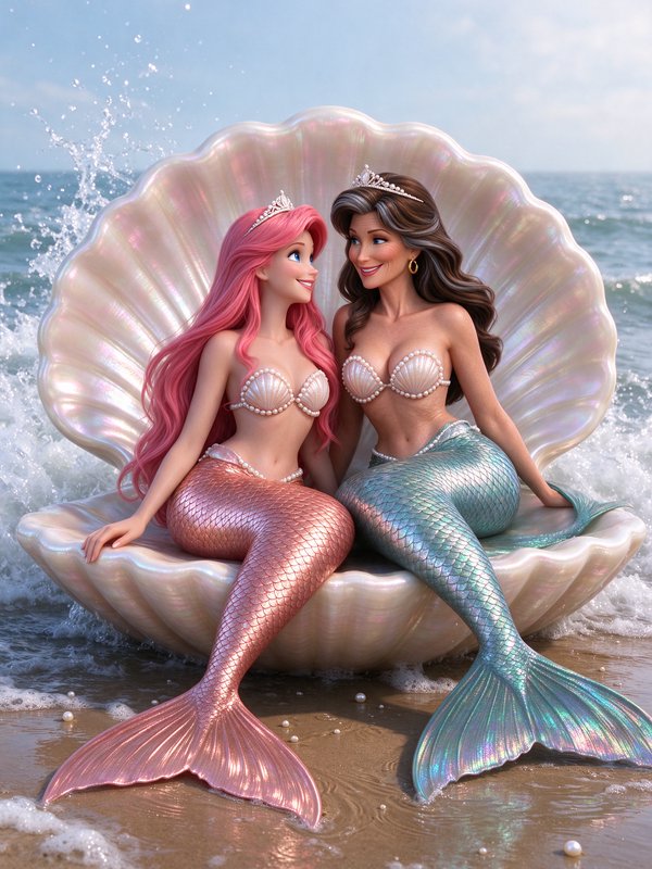 Two smiling mermaids sit together inside a giant iridescent seashell on a sunlit ocean beach