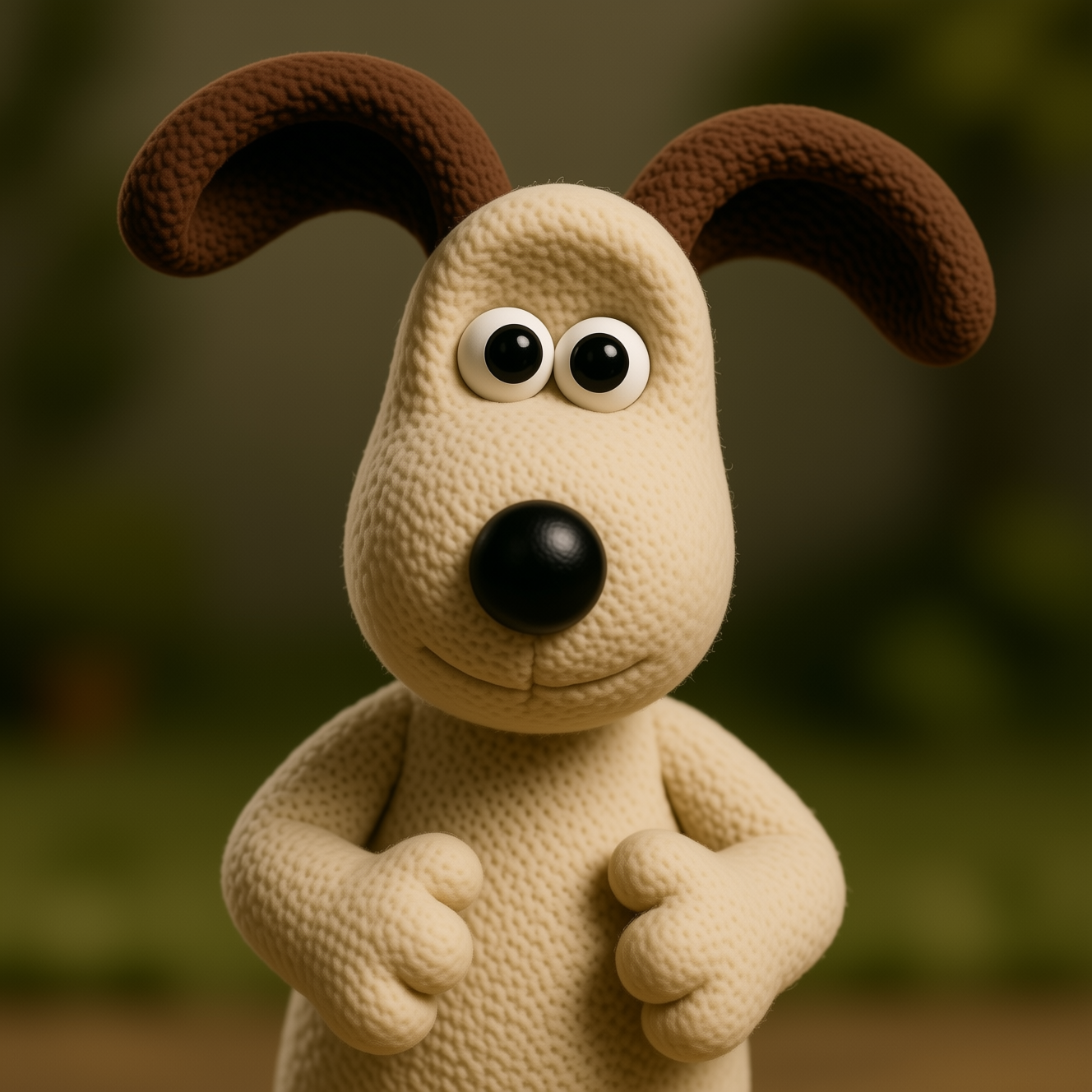 Close-up portrait of the clay animated Gromit dog character with a shy gentle expression