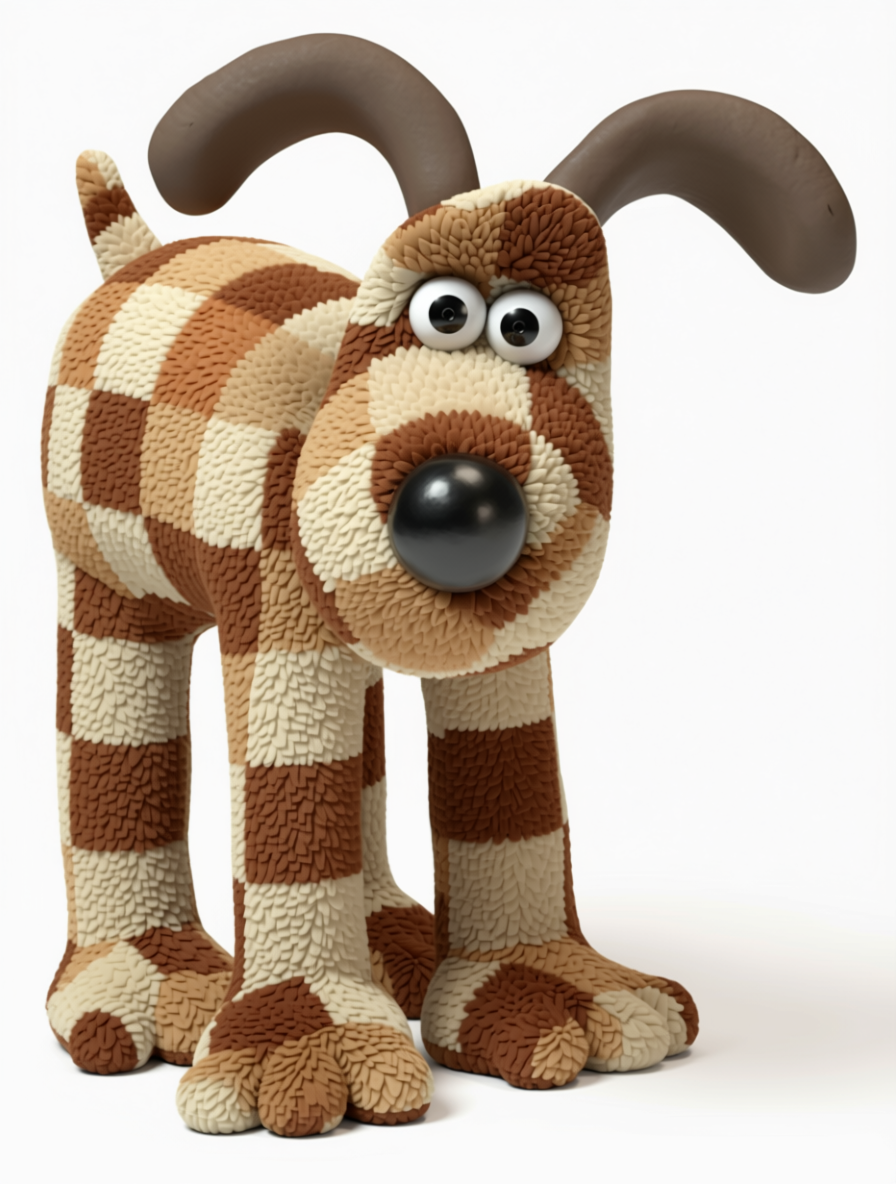 Textured checkered claymation Gromit dog standing against a plain white background