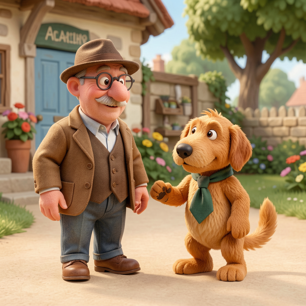 Elderly cartoon man standing beside an anthropomorphic golden dog on a sunny cottage village path