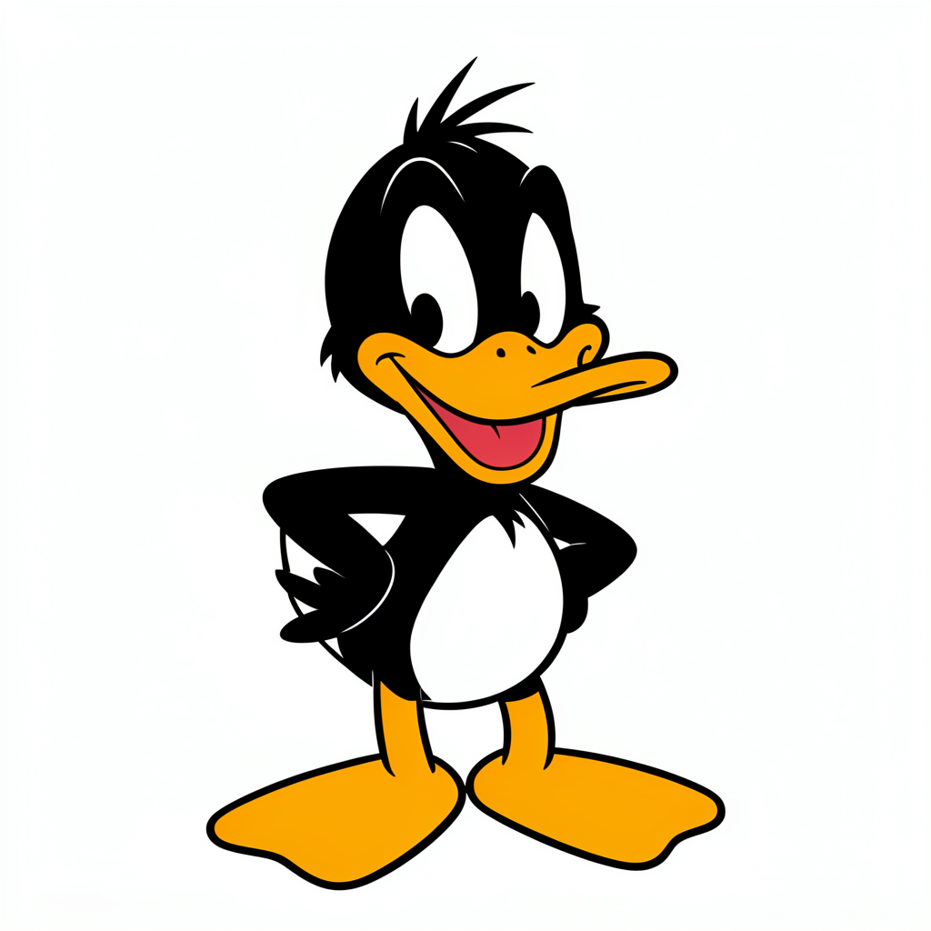 Classic retro cartoon black duck character standing confidently with hands on hips grinning
