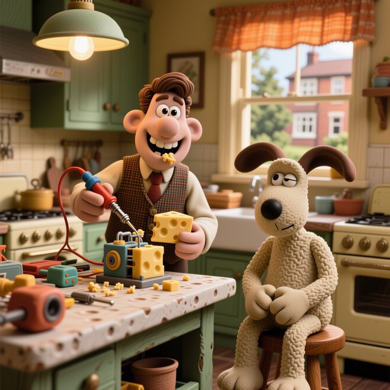 Claymation Wallace builds a cheese gadget next to deadpan Gromit in a cozy retro cottage kitchen