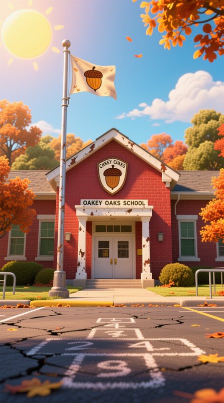 Red brick Oakey Oaks elementary school stands on a bright sunny fall day, hopscotch marked on for...