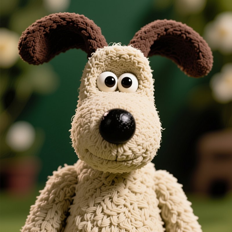 Yarn textured Gromit dog character stares directly at the viewer against a blurred green garden backdrop