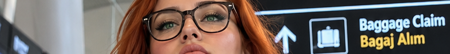 Close up of red-haired woman with glasses beside an airport bilingual baggage claim directional sign