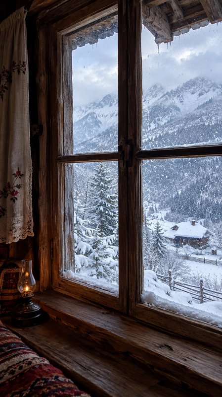Rustic wooden cabin window overlooking a snow-covered alpine valley during gentle falling snow