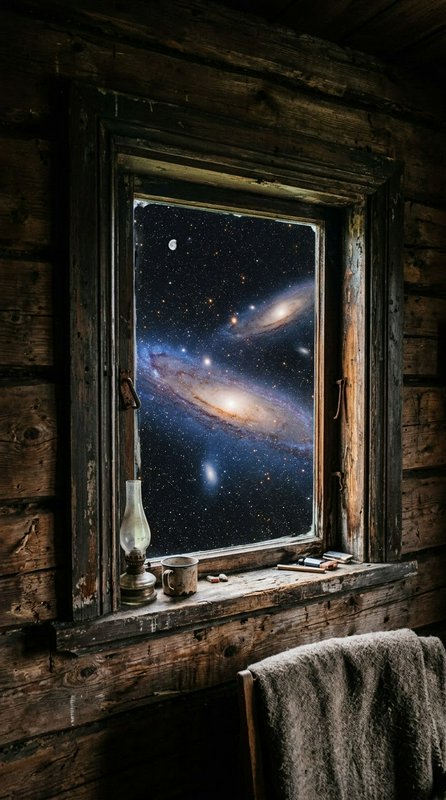 Weathered old log cabin window frames a view of spiral galaxies, stars and a crescent moon in deep outer space