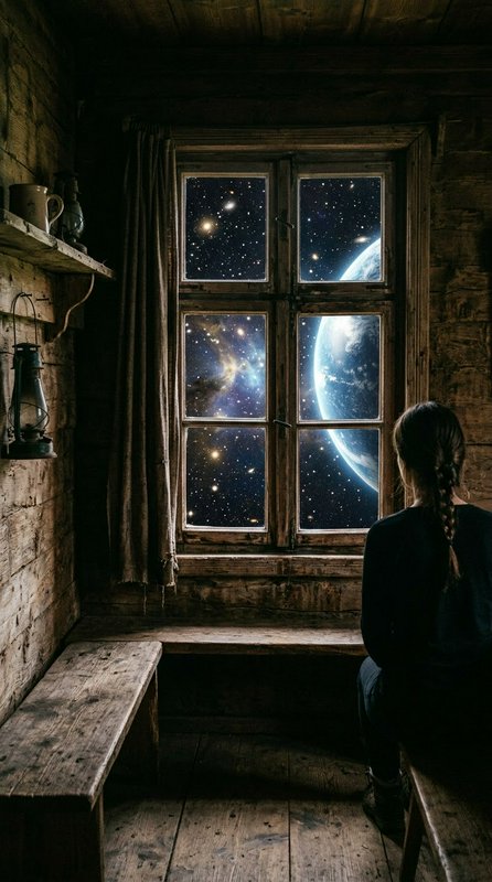 Woman seated inside a rustic wooden cabin looking out a window at a starry cosmic view with a large distant planet