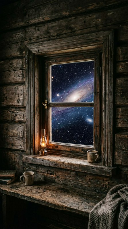 Weathered log cabin window frames a brilliant starry night sky with the Andromeda galaxy