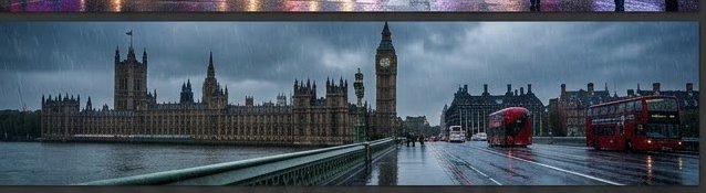 Rainy panoramic view of London's Palace of Westminster and red double decker buses from Westminster Bridge