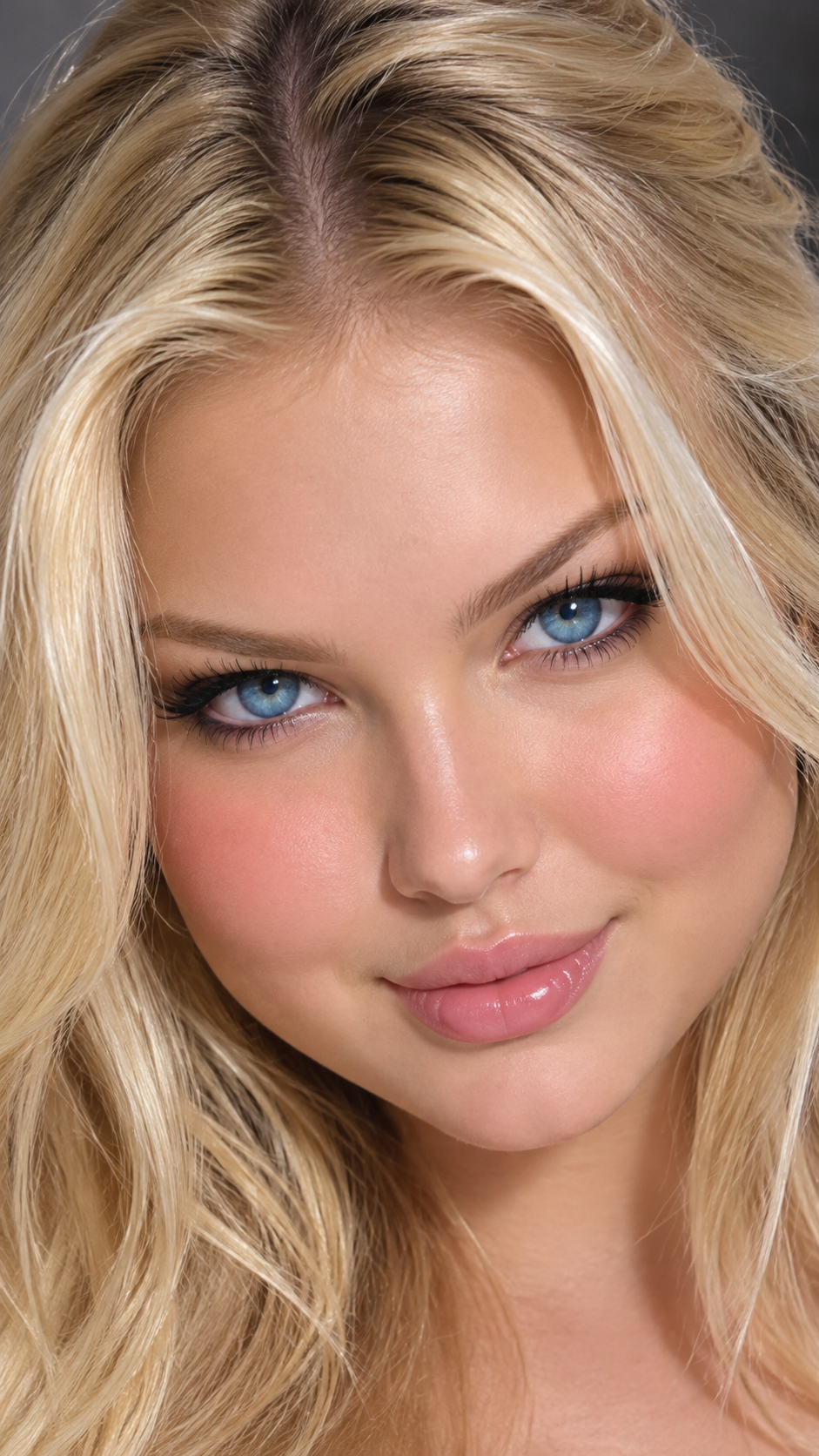 Close up studio portrait of a young blonde woman with bright blue eyes and soft natural makeup