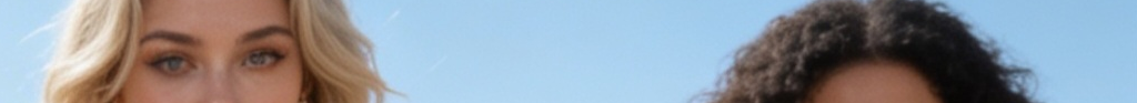 Narrow cropped closeup showing partial faces of two women against a clear light blue sky