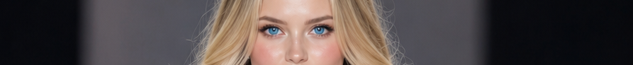 Close-up view of a woman's face with striking bright blue eyes and wavy blonde hair against a muted gradient studio