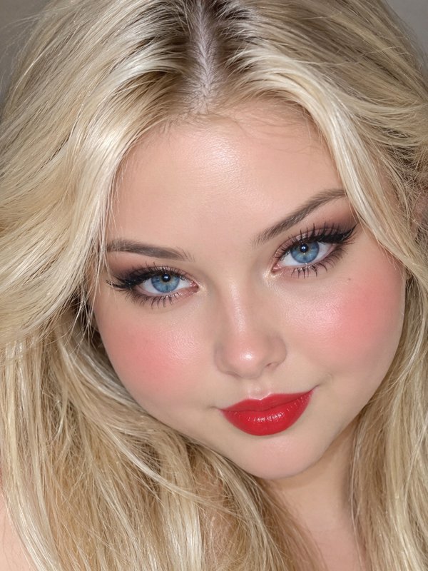 Close up portrait of a blonde woman with bright blue eyes and glamorous bold makeup