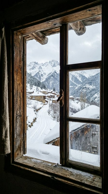 View from a rustic weathered wooden window overlooking a snow-covered alpine village and mountain...