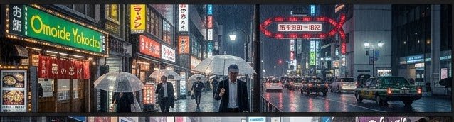 Panoramic split view of rainy Tokyo night street with pedestrians under clear umbrellas and glowing neon signs
