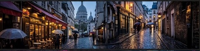 Rainy twilight Montmartre street in Paris, with glistening cobblestones, cafe storefronts, and Sacre-Coeur in the distance