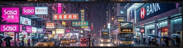 Rainy night Hong Kong city street lined with glowing neon signs, double decker buses, taxis, and pedestrians holding