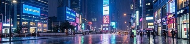 Panoramic view of a neon-lit downtown city street on a rainy night, with reflective wet pavement and glowing billboards