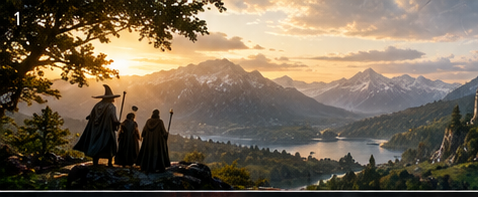 Three robed fantasy quest companions including a wizard overlook a mountain valley at golden sunset