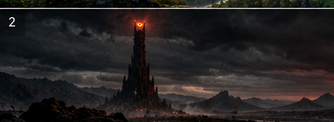 Glowing Eye of Sauron perched atop the dark fortress of Barad-dûr under stormy Mordor skies