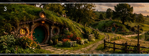Grassy hobbit hole homes with round green doors line a winding village path through the Shire at warm golden sunset