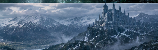 Tall gothic fantasy castle perched on a rocky cliff overlooking a snow-capped mountain range under cloudy skies