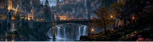 Enchanted elven fantasy city with lit stone arch bridge spanning cascading waterfalls at misty twilight