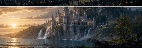 Ornate cliffside fantasy castle with cascading waterfalls overlooks the ocean at golden sunset