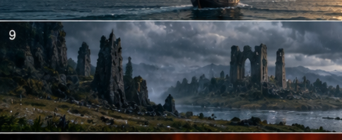 Stormy misty coastal landscape featuring crumbling ancient castle ruins and jagged rocky outcrops under heavy overcast skies