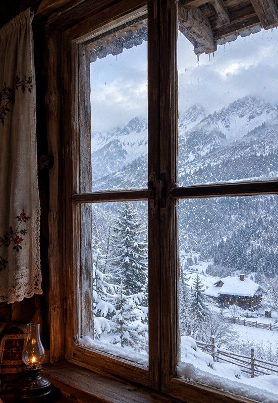 View from a rustic wooden cabin window of falling snow over a snow-covered alpine mountain valley