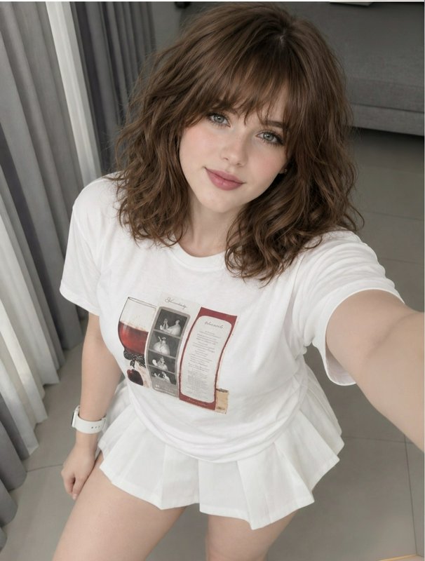 Young woman with wavy brown bangs takes a casual selfie in white loungewear indoors