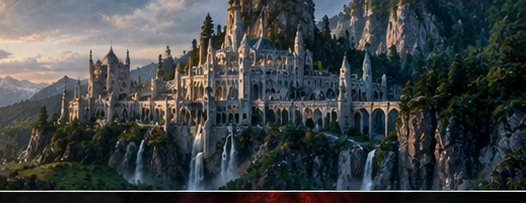 Ornate elven fantasy castle perched on a forested mountain cliff above cascading waterfalls at go...