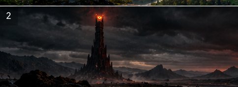 Glowing Eye of Sauron perched atop the dark fortress of Barad-dûr under stormy Mordor skies