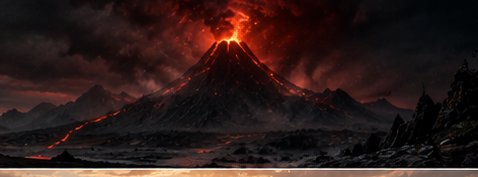 Erupting stratovolcano spews glowing molten lava down its slopes under a dark ash-choked storm sky
