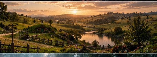 Iconic Bag End hobbit home overlooks a river across rolling Shire hills at warm golden sunset
